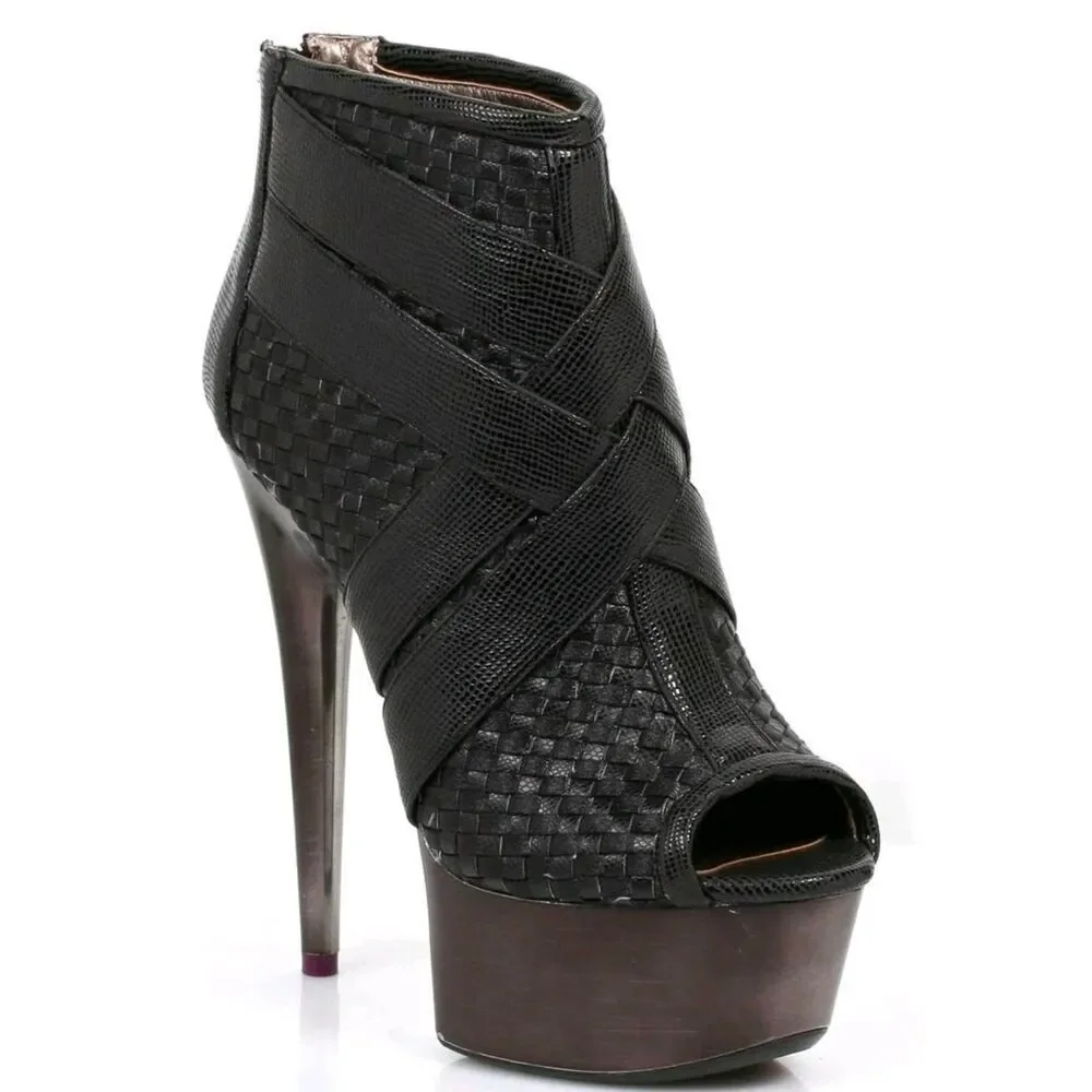 ELLIE MONIC-609 Black Woven Peep Toe Platform Heel Ankle Booties